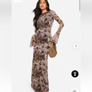 Boohoo Brown Floral Long Sleeve Dress
